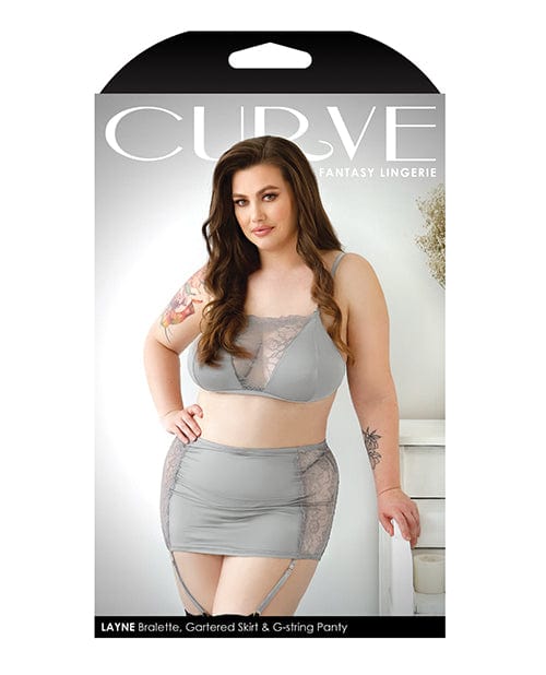 Curve Layne Lace & Microfiber Bralette with Garter Skirt & G-string Gray