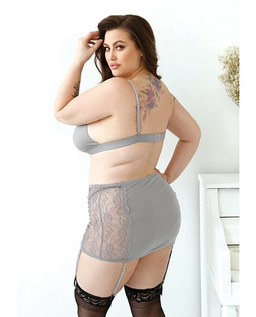 Fantasy Lingerie Curve Layne Lace &amp; Microfiber Bralette W/garter Skirt &amp; G-string Gray Lingerie &amp; Costumes