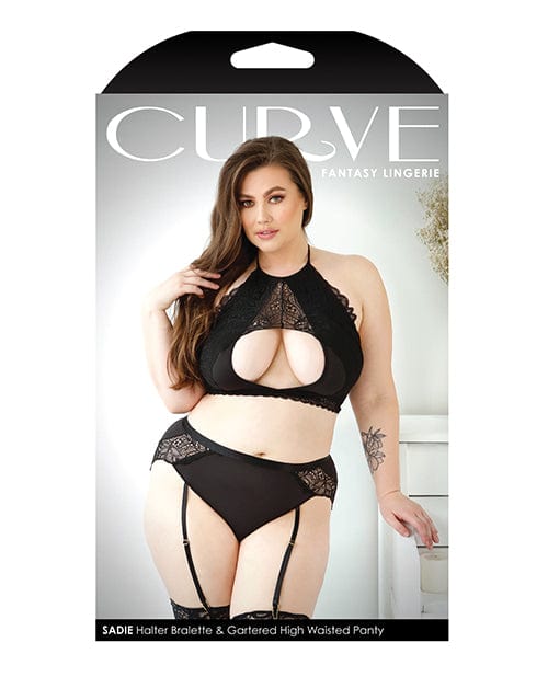 Fantasy Lingerie Curve Sadie Lace Overlay Keyhole Halter Top &amp; Gartered Panty Black Lingerie &amp; Costumes