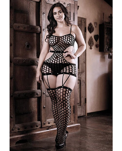Fantasy Lingerie Fantasy Sheer Power Moves Cutout Net Dress with Attached Garter Stockings Queen Lingerie & Costumes