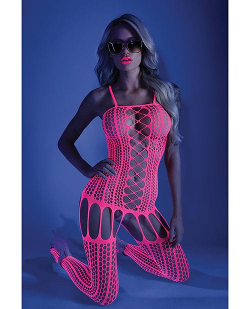 Glow Black Light Criss Cross Paneled Bodystocking Neon Pink One Size Fits Most