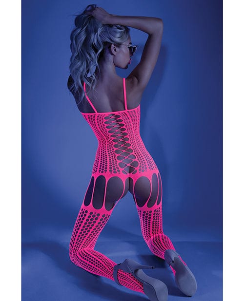 Fantasy Lingerie Glow Black Light Criss Cross Paneled Bodystocking Neon Pink O-s Lingerie &amp; Costumes