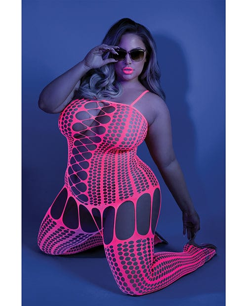 Fantasy Lingerie Glow Black Light Criss Cross Paneled Bodystocking Neon Pink Qn Lingerie &amp; Costumes
