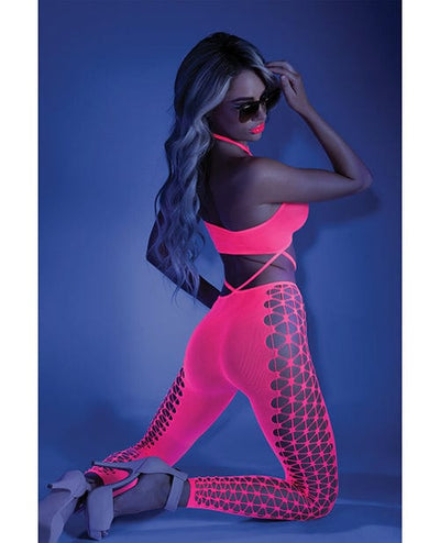 Fantasy Lingerie Glow Black Light Cropped Cutout Halter Bodystocking Neon Pink O-s Lingerie & Costumes