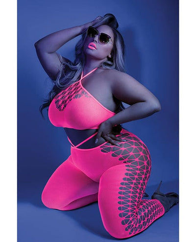 Fantasy Lingerie Glow Black Light Cropped Cutout Halter Bodystocking Neon Pink Qn Lingerie & Costumes