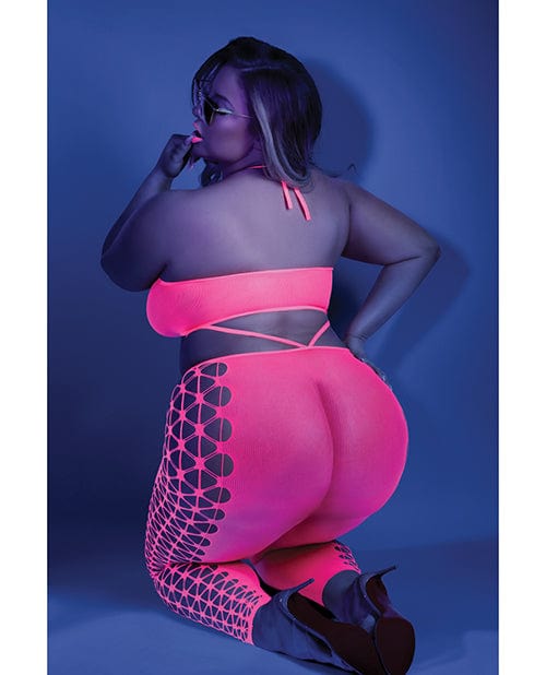 Glow Black Light Cropped Cutout Halter Bodystocking Neon Pink One Size Fits Most Plus Size