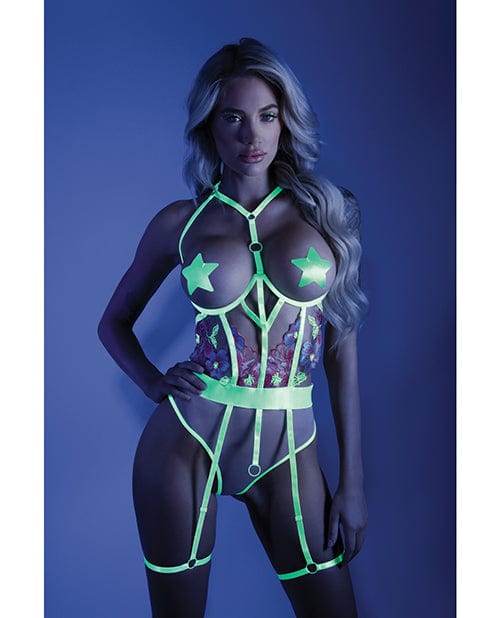 Fantasy Lingerie Glow Black Light Embroidered Cupless Garter Teddy (pasties Not Included) Neon Chartreuse Large/Extra Large Lingerie & Costumes