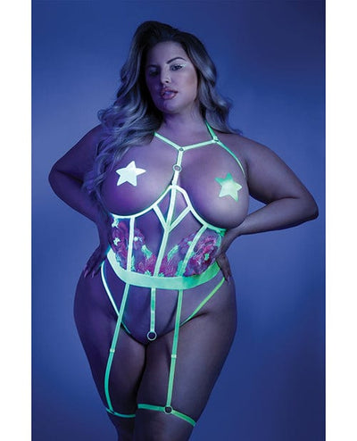 Fantasy Lingerie Glow Black Light Embroidered Cupless Garter Teddy (pasties Not Included) Neon Chartreuse Qn Lingerie & Costumes