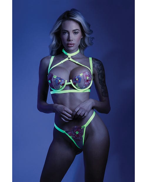 Fantasy Lingerie Glow Black Light Embroidered Harness Bra, Leg Garterbelt &amp; G-string Neon Chartreuse Lingerie &amp; Costumes