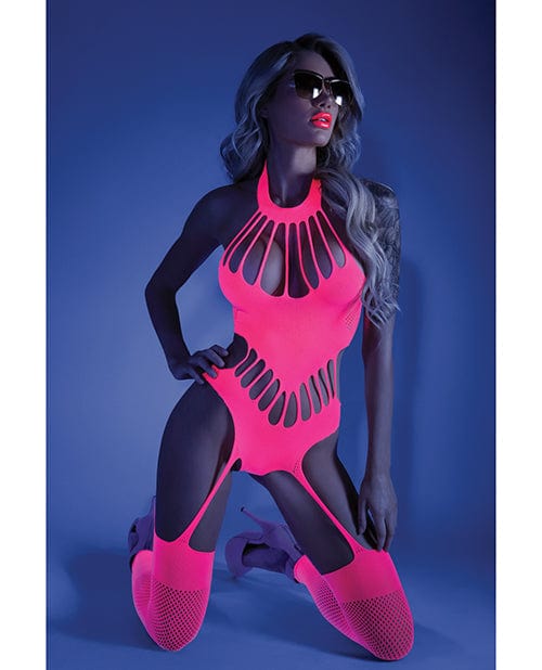 Glow Black Light Footless Teddy Bodystocking Neon Pink One Size Fits Most