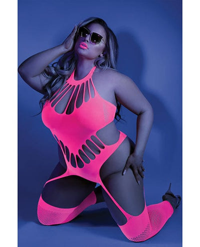 Fantasy Lingerie Glow Black Light Footless Teddy Bodystocking Neon Pink Qn Lingerie & Costumes