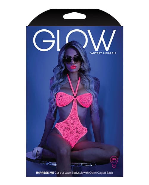 Glow Black Light Halter Bodysuit with Open Sides Neon Pink