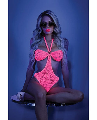 Fantasy Lingerie Glow Black Light Halter Bodysuit W/open Sides Neon Pink Large/Extra Large Lingerie & Costumes