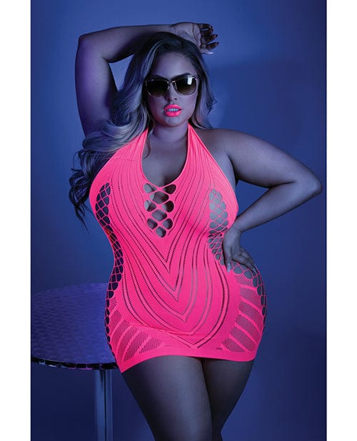 Glow Black Light Net Halter Dress Neon Pink One Size Fits Most Plus Size