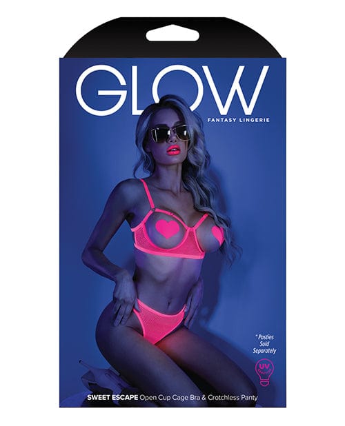 Fantasy Lingerie Glow Black Light Open Cup Bra &amp; Crotchless Panties (pasties Not Included) Neon Pink Lingerie &amp; Costumes