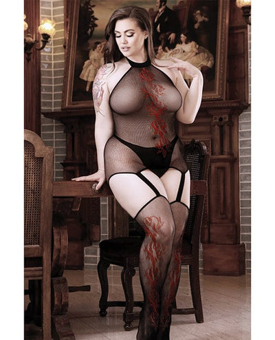 Fantasy Lingerie Sheer Body Language Halter Dress W/attached Stockings & Red Floral Design Black Queen size Lingerie & Costumes