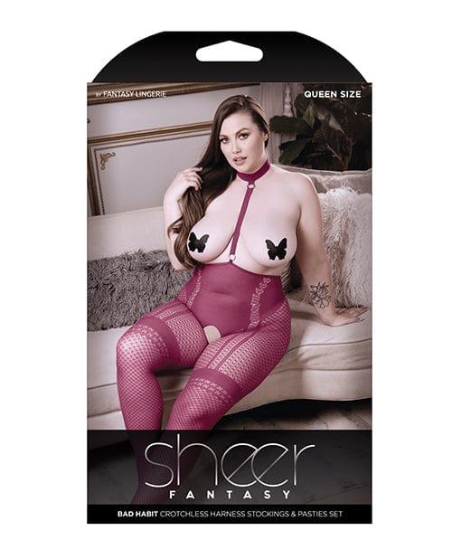 Fantasy Lingerie Sheer Fantasy Bad Habit Choker Harness Stocking W-butterfly Pasties Magenta Qn Lingerie &amp; Costumes