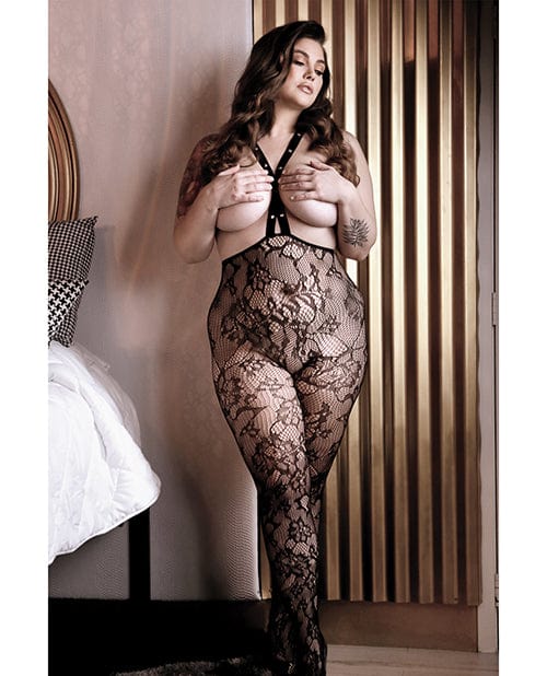 Sheer Fantasy Floral Lace Suspender Stockings with Stud Detail Black