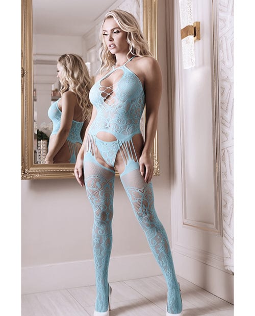 Fantasy Lingerie Sheer Fantasy Halter Neck Floral Lace Gartered Bodystocking &amp; Panty Light Blue O-s Lingerie &amp; Costumes