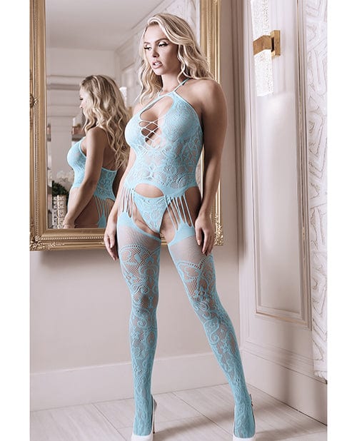 Fantasy Lingerie Sheer Fantasy Halter Neck Floral Lace Gartered Bodystocking & Panty Light Blue O-s Lingerie & Costumes