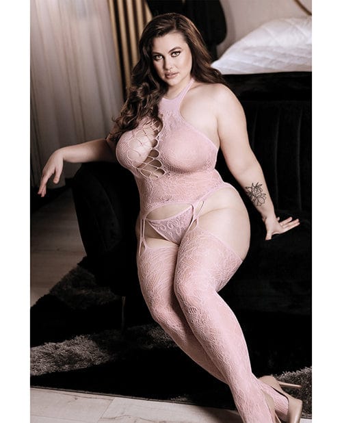 Fantasy Lingerie Sheer Fantasy High Neck Floral Lace Gartered Bodystocking &amp; Panty Light Pink Qn Lingerie &amp; Costumes