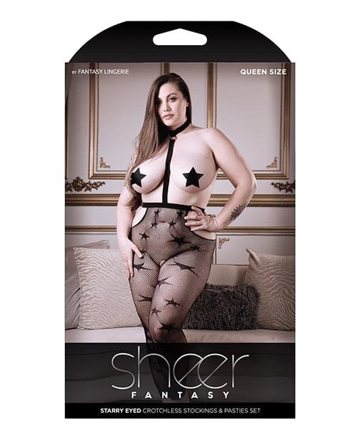 Fantasy Lingerie Sheer Fantasy Starry Eyed Choker Harness Stocking W/star Pasties Black Qn Lingerie &amp; Costumes