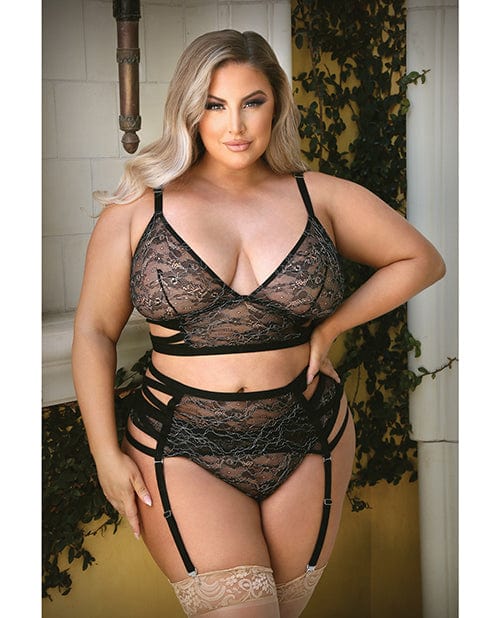 Fantasy Lingerie Tease Kelsey Crisscross Metallic Lace Bralette, Garterbelt &amp; Panty 1x/2x Lingerie &amp; Costumes