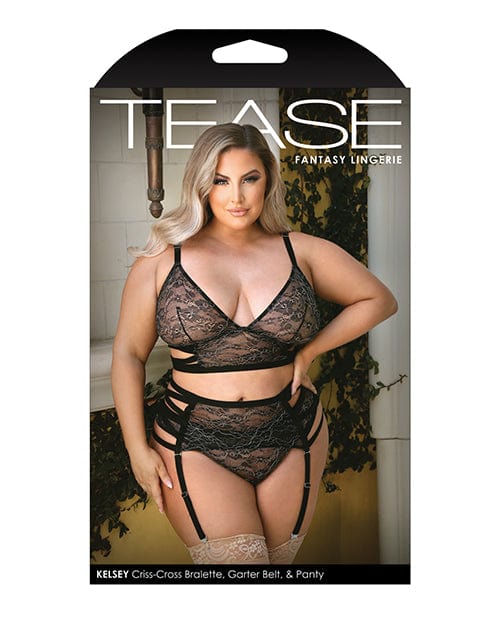 Fantasy Lingerie Tease Kelsey Crisscross Metallic Lace Bralette, Garterbelt &amp; Panty Lingerie &amp; Costumes