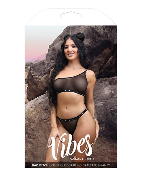 Fantasy Lingerie Vibes Bad Bitch One Shoulder Bling Bralette &amp; Panty Black Lingerie &amp; Costumes