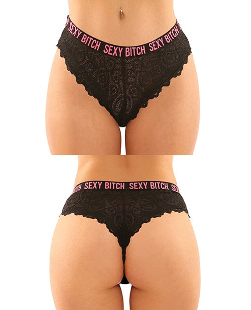 Fantasy Lingerie Vibes Buddy Sexy Bitch Lace Panty &amp; Micro Thong Black/pnk L / XL Lingerie &amp; Costumes