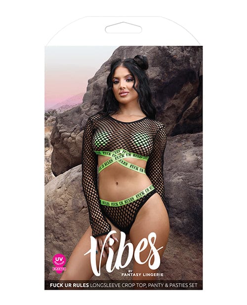Fantasy Lingerie Vibes Fuck Ur Rules Long Sleeve Crop Top, Panty &amp; Pasties Black/green Lingerie &amp; Costumes