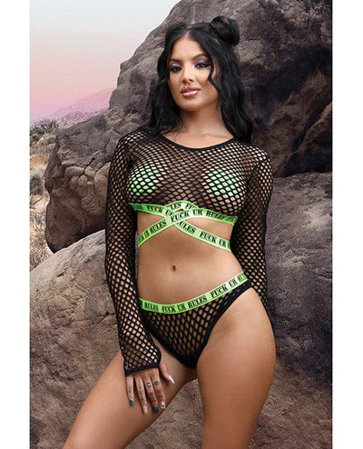 Fantasy Lingerie Vibes Fuck Ur Rules Long Sleeve Crop Top, Panty & Pasties Black/green Large/Extra Large Lingerie & Costumes