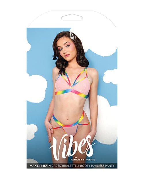 Fantasy Lingerie Vibes Make It Rain Caged Bralette &amp; Panty W/booty Rainbow Lingerie &amp; Costumes