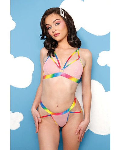 Fantasy Lingerie Vibes Make It Rain Caged Bralette & Panty W/booty Rainbow L/xl Lingerie & Costumes