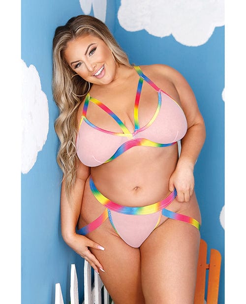 Fantasy Lingerie Vibes Make It Rain Caged Bralette &amp; Panty W-booty Rainbow Qn Lingerie &amp; Costumes