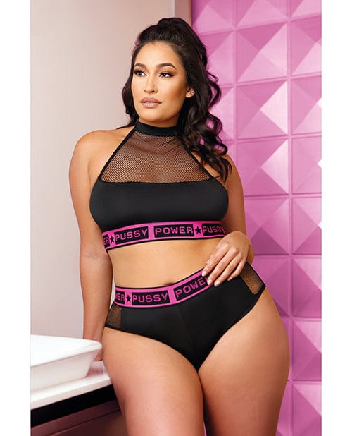 Fantasy Lingerie Vibes Pussy Power Micro-net Halter Top &amp; Booty Short Black Queen Size Lingerie &amp; Costumes