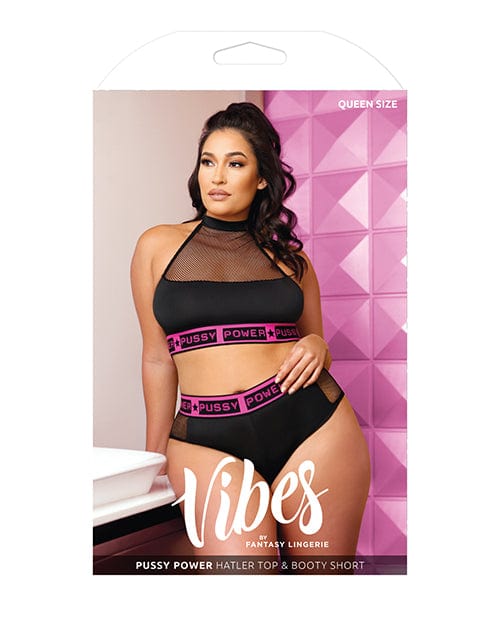 Fantasy Lingerie Vibes Pussy Power Micro-net Halter Top &amp; Booty Short Black Queen Size Lingerie &amp; Costumes