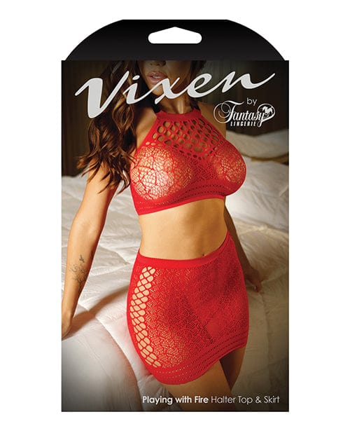 Fantasy Lingerie Vixen High Neck Halter Net Top &amp; Tie Back Skirt Red Lingerie &amp; Costumes