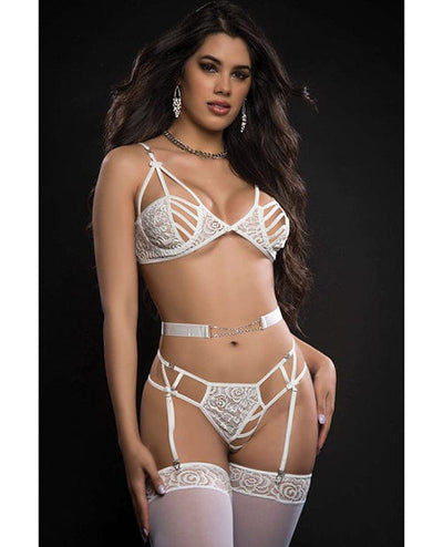 G World Intimates Caged Wired Bra, Garter Panty & Stockings One Size Fits Most Lavish White Lingerie & Costumes
