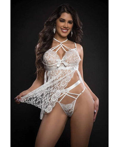 G World Intimates Lace Halter Babydoll with High Waist Strappy Panty One Size Fits Most White Lingerie & Costumes