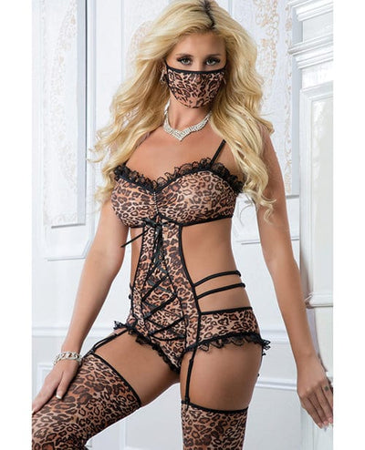 G World Intimates Teddy with Garters, Face Mask & Stockings Gold Leopard One Size Fits Most Lingerie & Costumes