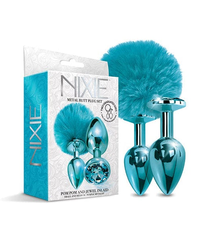 Global Novelties LLC Nixie Metal Butt Plug Set with Jewel Inlaid & Pom Pom Blue Metallic Anal Toys