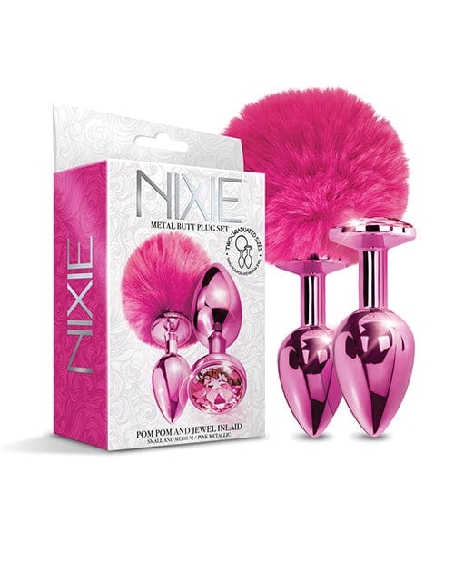 Global Novelties LLC Nixie Metal Butt Plug Set with Jewel Inlaid &amp; Pom Pom Pink Metallic Anal Toys