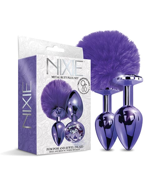Global Novelties LLC Nixie Metal Butt Plug Set with Jewel Inlaid &amp; Pom Pom Purple Metallic Anal Toys