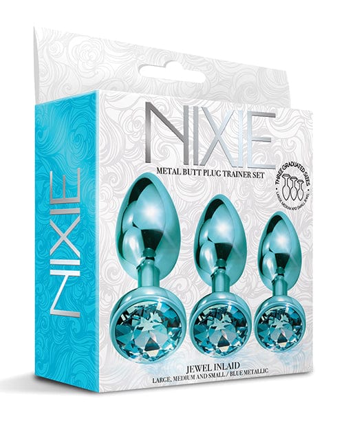 Global Novelties LLC Nixie Metal Butt Plug Trainer Set W/inlaid Jewel Blue Metallic Anal Toys