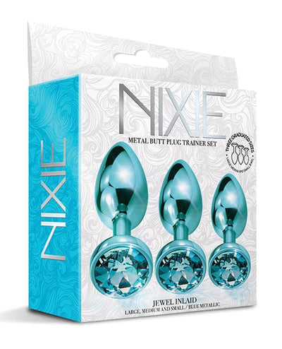 Global Novelties LLC Nixie Metal Butt Plug Trainer Set W/inlaid Jewel Blue Metallic Anal Toys