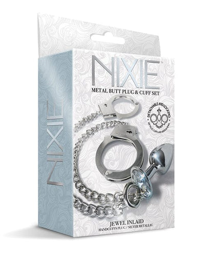 Global Novelties LLC Nixie Metal Butt Plug W-inlaid Jewel & Cuff Set - Silver Metallic Kink & BDSM