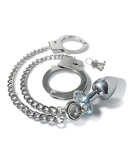 Global Novelties LLC Nixie Metal Butt Plug W-inlaid Jewel &amp; Cuff Set - Silver Metallic Kink &amp; BDSM