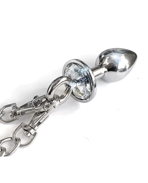 Global Novelties LLC Nixie Metal Butt Plug W-inlaid Jewel &amp; Cuff Set - Silver Metallic Kink &amp; BDSM