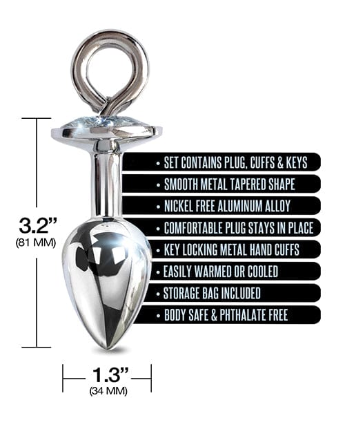 Global Novelties LLC Nixie Metal Butt Plug W-inlaid Jewel &amp; Cuff Set - Silver Metallic Kink &amp; BDSM